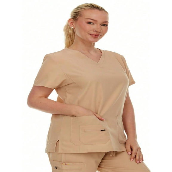 HEAL WEAR Women’s V-Neck Multi-Pocket Scrub Top Stretch Comfort Fabric 4-Way Stretch