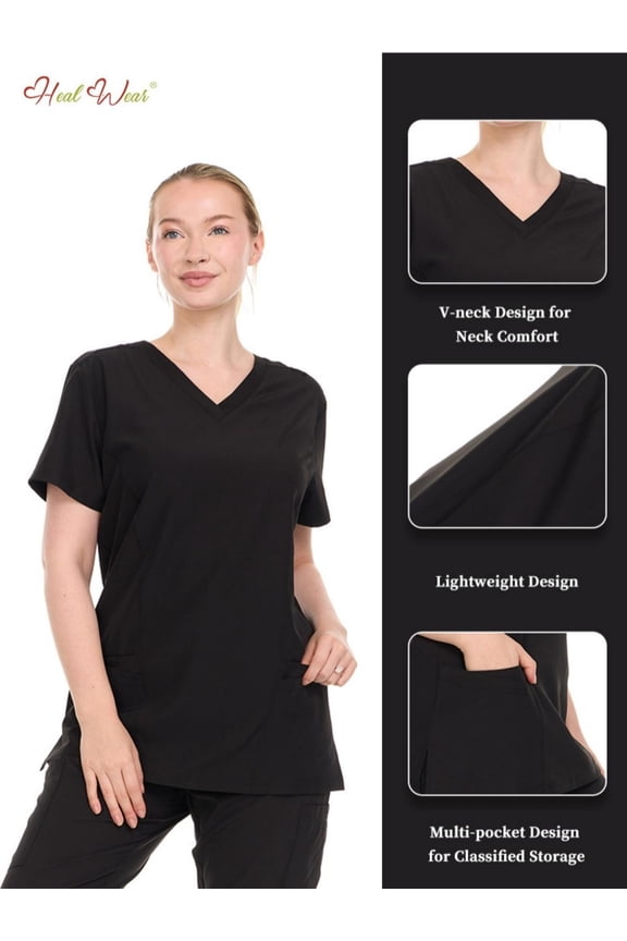HEAL+WEAR Women's V-Neck Scrub Top with Utility Pockets Soft Stretch Nursing Shirt for Healthcare Workers 4-Way Stretch