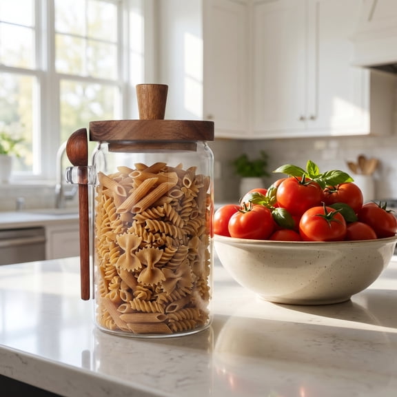 HEALEEP Airtight Coffee Storage Container with Clear Glass Body and Wooden Lid, 1-Piece Jar for Coffee Beans