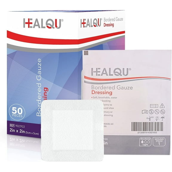 HEALQU Bordered Gauze Island Dressing - 50 Count, 2" x 2" Sterile Individually Wrapped Pads - Water-Resistant, Non-Woven, Soft & Breathable Wound Dressing for First Aid and Medical Use