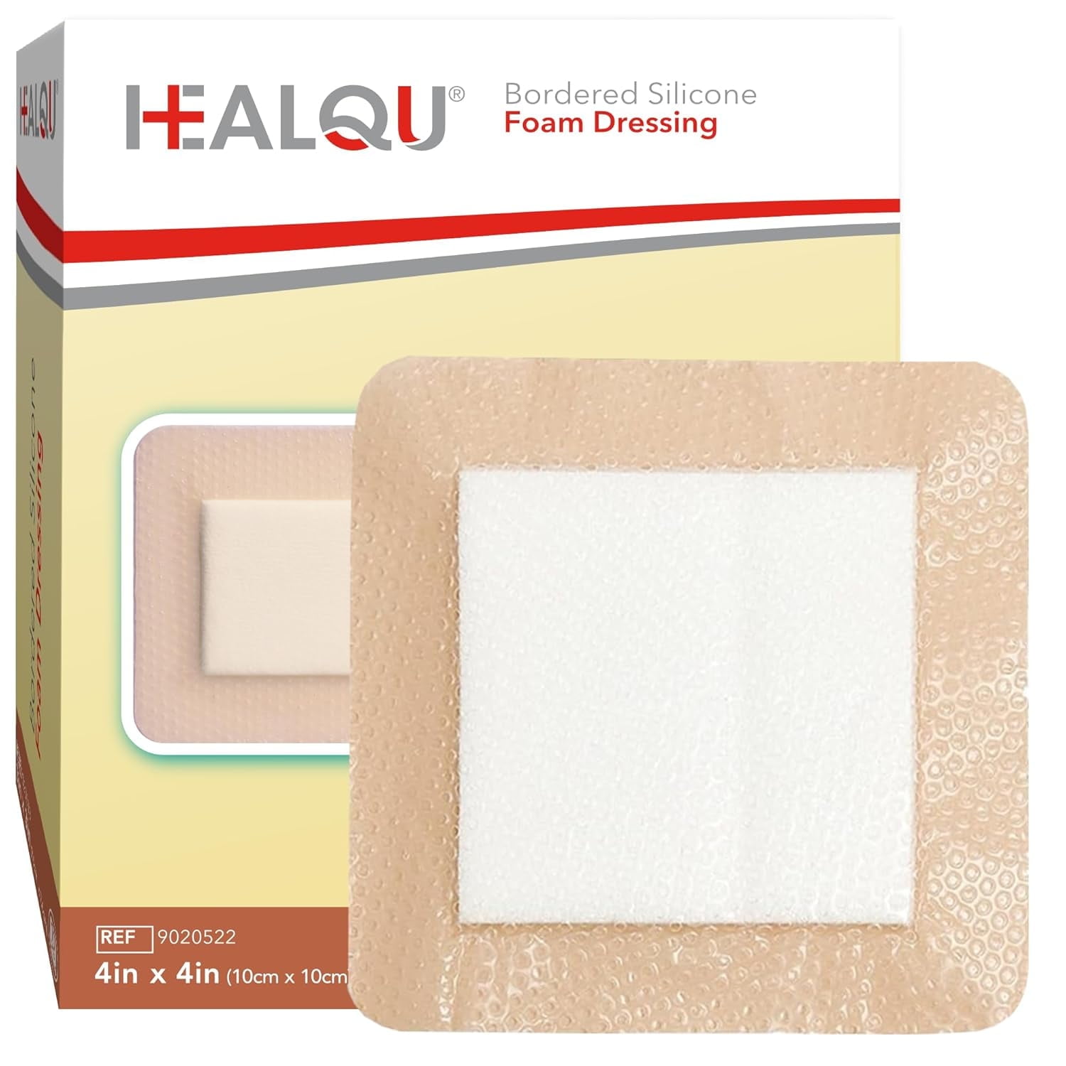 HEALQU Silicone Foam Dressing with Border 4x4 inch, 10-Count Box – Multi-Layer Absorbent, Breathable, Waterproof Pads for Wound Care, Burns, and Pressure Ulcers