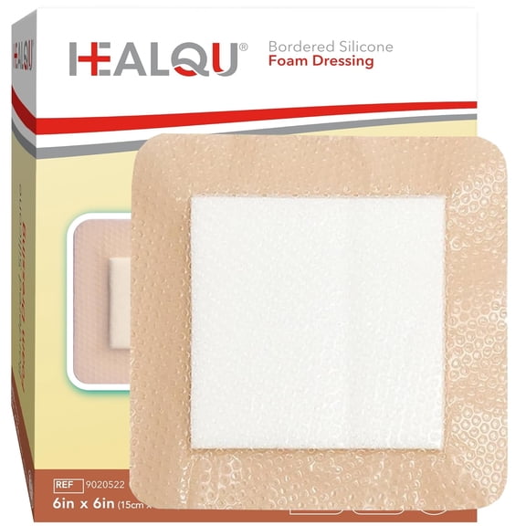 HEALQU Silicone Foam Dressing with Border - 6x6 in, Box of 10 - Multi-Layer Absorbent Waterproof Pads for Wound Care, Burns, Pressure Ulcers, and Sensitive Skin