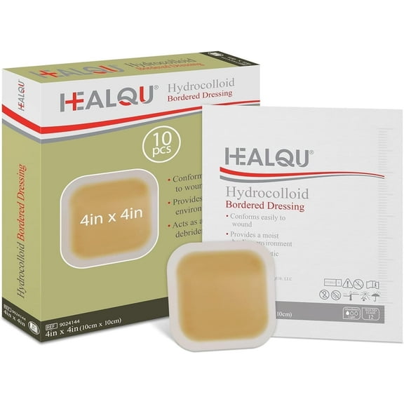 Healqu Hydrocolloid Wound Dressing - 4"x4", Bordered, 10 Count - Sterile Hydrocolloid Bandages for Bed Sores, Abrasions & Minor Wounds - Waterproof & Absorbent Protective Patches