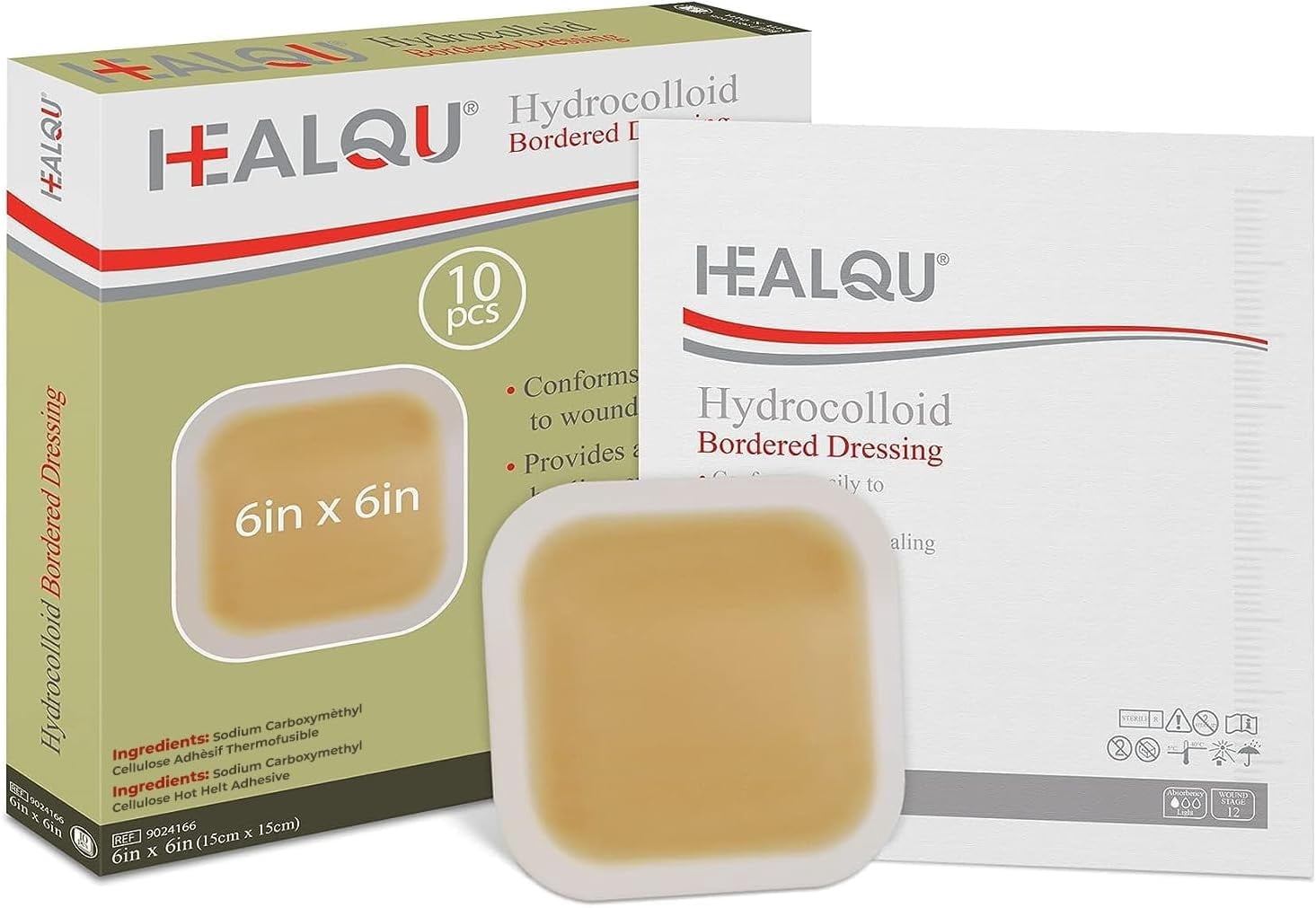 Healqu Hydrocolloid Wound Dressing - 6x6" Box of 10 Sterile Bordered Bandages - Large Waterproof & Absorbent Patches for Bed Sores, Abrasions, and Wound Care