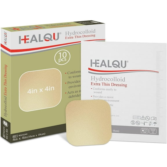 Healqu Hydrocolloid Wound Dressing - 4x4" Thin - Box of 10 Sterile Bordered Bandages for Bed Sores, Abrasions & Wounds - Waterproof, Absorbent Protective Patches