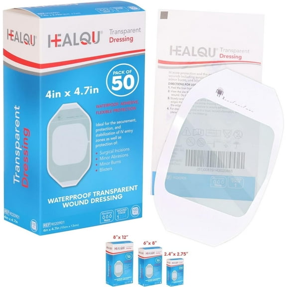 Transparent Film Dressing 4" x 4.75" (50 Pack) – Waterproof Adhesive Wound Bandages for Post-Surgical Showering, IV Protection, Tattoo Aftercare, Clear Breathable Dressing Patches by HEALQU