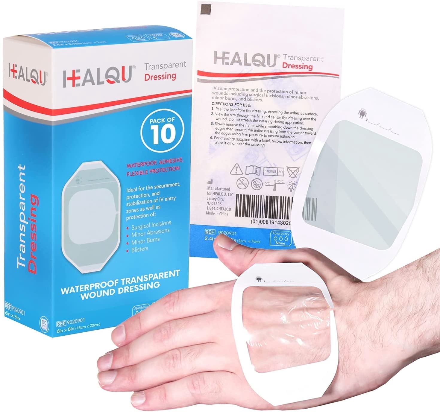 HEALQU Transparent Film Dressing - 6" x 8", Pack of 10 - Waterproof Adhesive Wound Bandages for Surgery, IV Protection, Tattoo Aftercare, Shower Safe