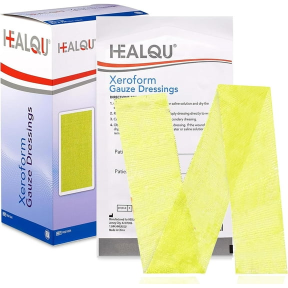 HEALQU Xeroform Petrolatum Dressing 1"x8" - Non-Adherent Sterile Gauze Pad for Low Exudating Wounds, Lacerations, Burns & Skin Grafts - Box of 10