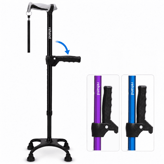 REHAND Adjustable Foldable Quad Canes for Women & Men,Lightweight,Black