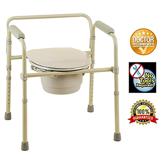 HEALTHLINE 3 in 1 Bedside Commode, Folding Bedside Commode Chair, Toilet Seat with Commode Bucket and Splash Guard, Deluxe Bedside and Bathroom Steel Folding Frame Commode