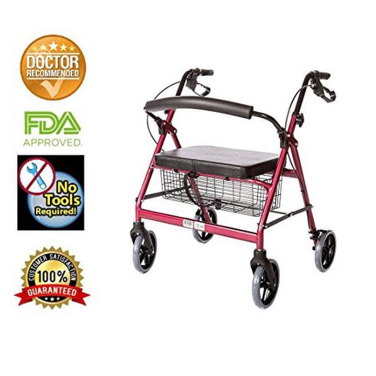 HEALTHLINE Heavy Duty Bariatric Rollator Walker For Senior With Seat and Wheels, 4 Wheel Walker With Seat and Basket and Brakes, Medical Heavy Duty Walker With Seat for Seniors, Red