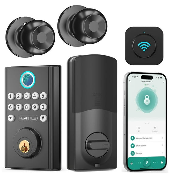 HEANTL WiFi Smart Door Lock Set Keyless Entry Fingerprint Deadbolt Lock with 2 Knobs, Gateway Included,Auto Lock, Touchscreen Keypad, Alexa Smartphone Control, Aluminum Alloy for Home Security