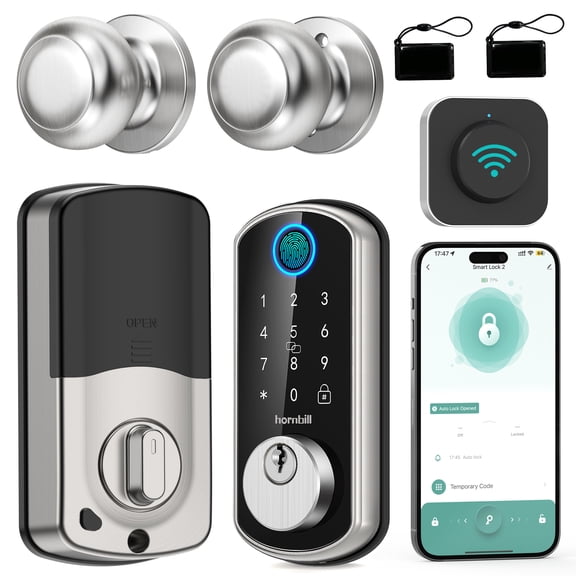 HORNBILL WiFi Smart Lock Front Door  Keyless Entry Fingerprint Deadbolt with 2 Knobs Set,Gateway Included, Auto Lock, Touchscreen, Alexa & Smartphone Control, Silver