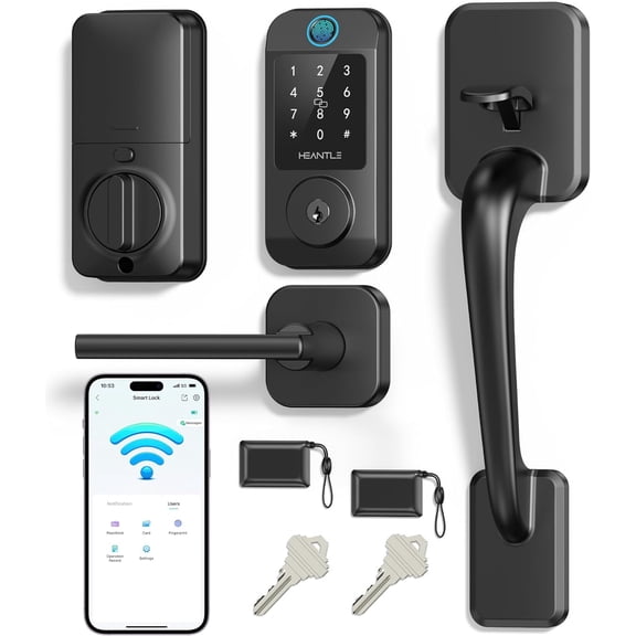 HEANTLE Wi-Fi Front Door Lock Set - Smart Locks for Front Door Built-in WiFi Keyless Entry Deadbolt with Handle Set Fingerprint Smart Electronic Deadbolt, Works with Alexa & Google Assistant Black