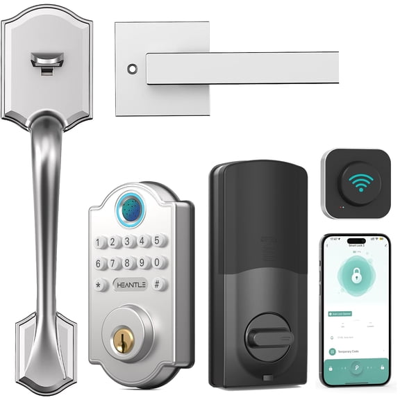 HEANTLE WiFi Smart Front Door Lock Set with Handle, Fingerprint Keyless Entry Deadbolt with Keypad, App Remote Control, Auto Lock, Works with Alexa, Smart Deadbolt Handleset for Front Door SILVER