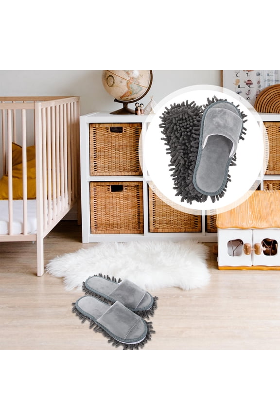 1Pair Indoor Grey Dusting Slippers with Chenille Bottom for Comfortable Floor Cleaning