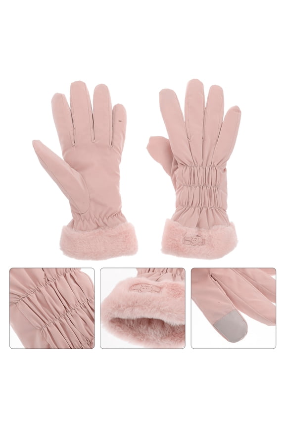 1 Pair Warm Furry Gloves Pink Skin Feel Fabric For Women Winter Activities