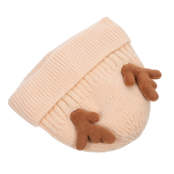 HEANUJJ Beige Winter Knit Hat with Soft Warm Lining and Adorable Antlers, Wool Cap for Outdoor Cold Weather