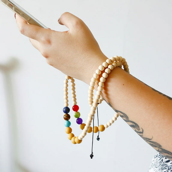 HEANUJJ 1Set Assorted Color Round Wood Beaded Silicone Necklace for Mobile Phones