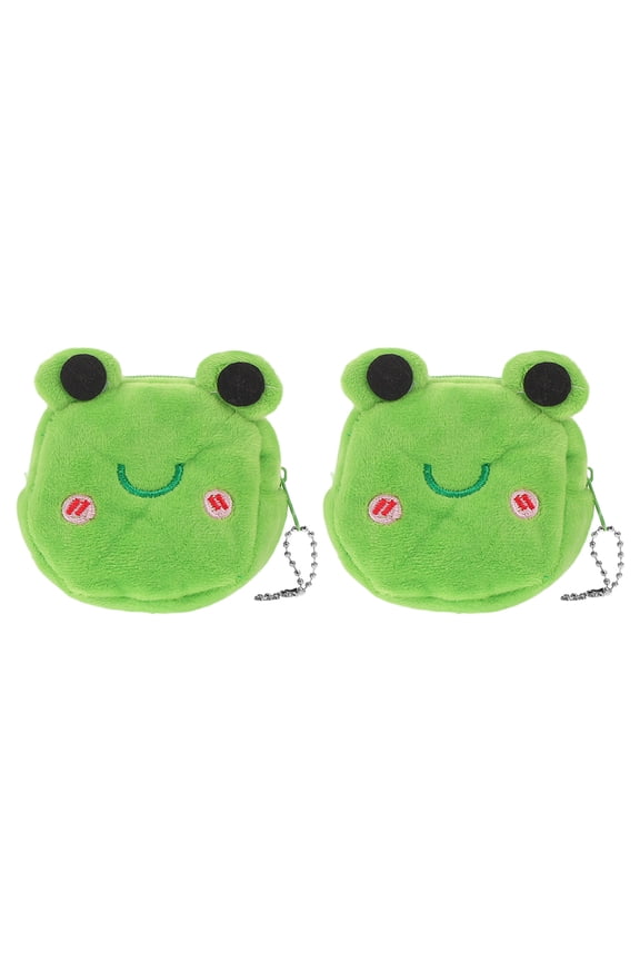 2Pcs Green Plush Frog Coin Purse Small Zipper Wallet Cute Animal Shaped Keychain
