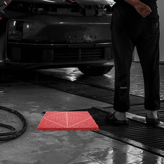HEANUJJ 2Pcs Red Garage Drainage Tiles Heavy Duty Plastic Non Slip Interlocking Floor Mats for Wash Bays