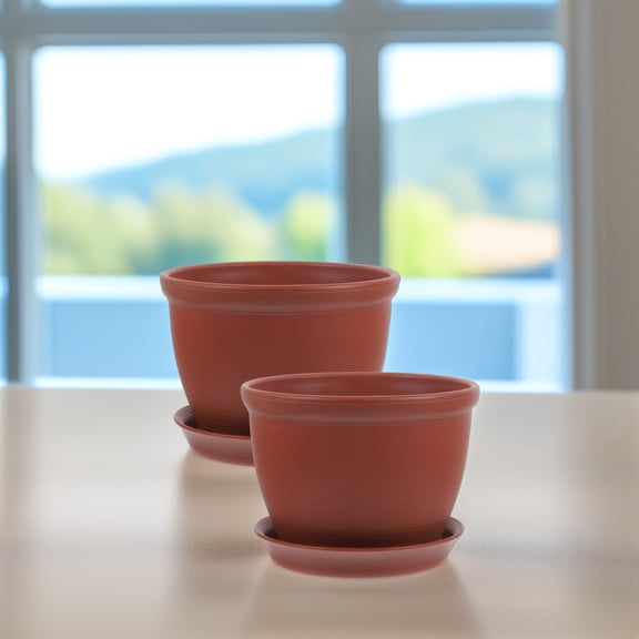 HEANUJJ 2 Sets Brick Red Round Plastic Flower with Drainage Holes for Indoor Household Plants, Simple and Design