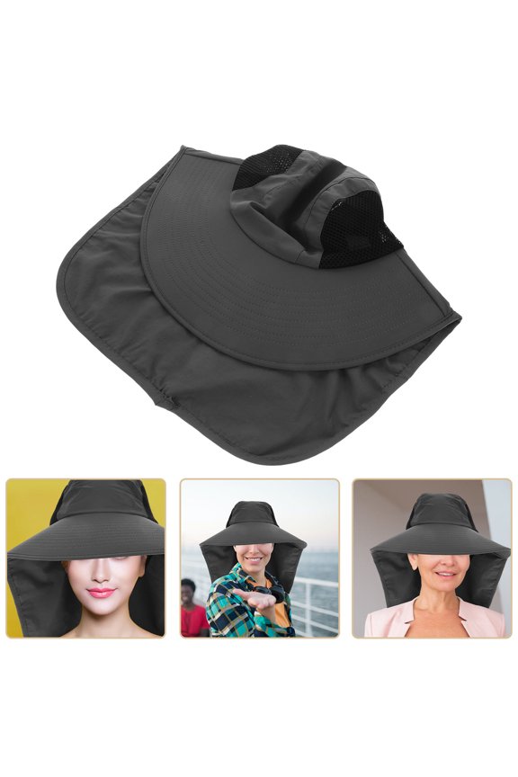 Wide Brim Dark Grey Sun Hat with Neck Flap Mesh Design for Outdoor Activities