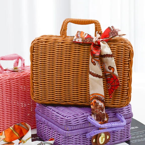 HEANUJJ Handwoven Imitation Rattan Storage Box Brown Retro Style Case for Makeup Organizer and Decor