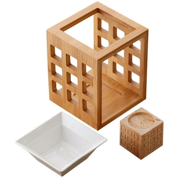 HEANUJJ Light Brown Wood and Ceramic Aromatherapy Oil Burner with Tealight Wax Warmer for Home Decor, 4.5 x 4.5 x 5.5 Inches