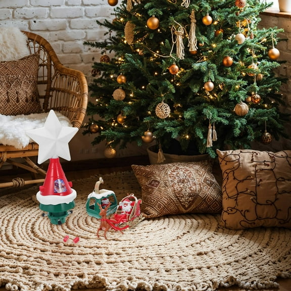 HEANUJJ Musical Rotating Tree Top Star with Lighted Santa Reindeer Sleigh for Christmas Tree Decoration