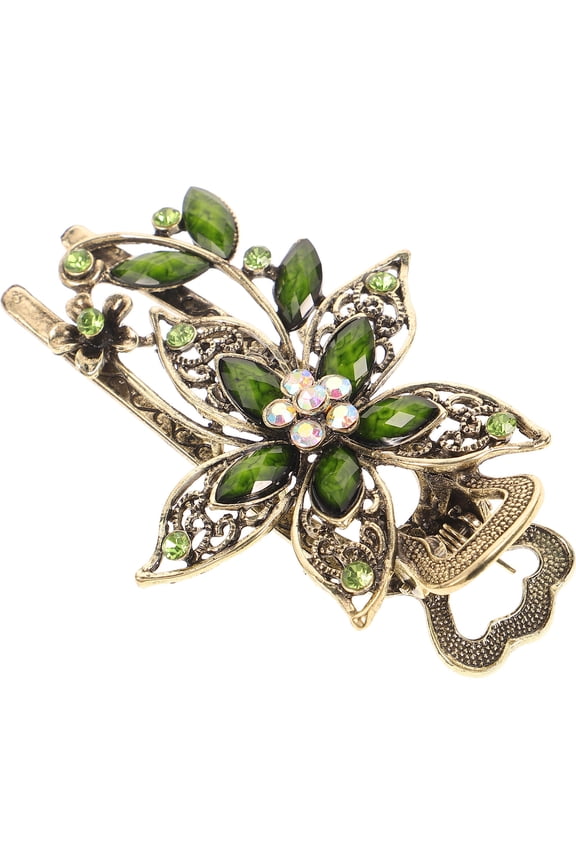 Vintage Green Crystal Flower Hair Clip Barrette for Special Occasions