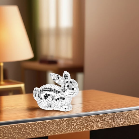 HEANUJJ Plated Silver Disco Ball Rabbit Figurine Glass Reflective Home Table Decoration