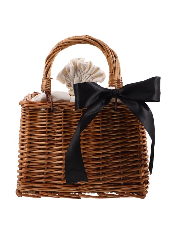 Woven Rattan Tote Basket Bag with Lining, Brown Handwoven Straw Handbag, Beach Travel Vacation Shoulder Purse