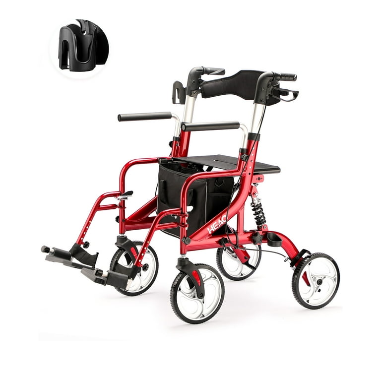 HEAO 2 in 1 Rollator Transport Chair with Shock Absorber 4 x 10 Wheels Rolling Wheelchair for Seniors Walker with Cup Holder Reversible Backrest