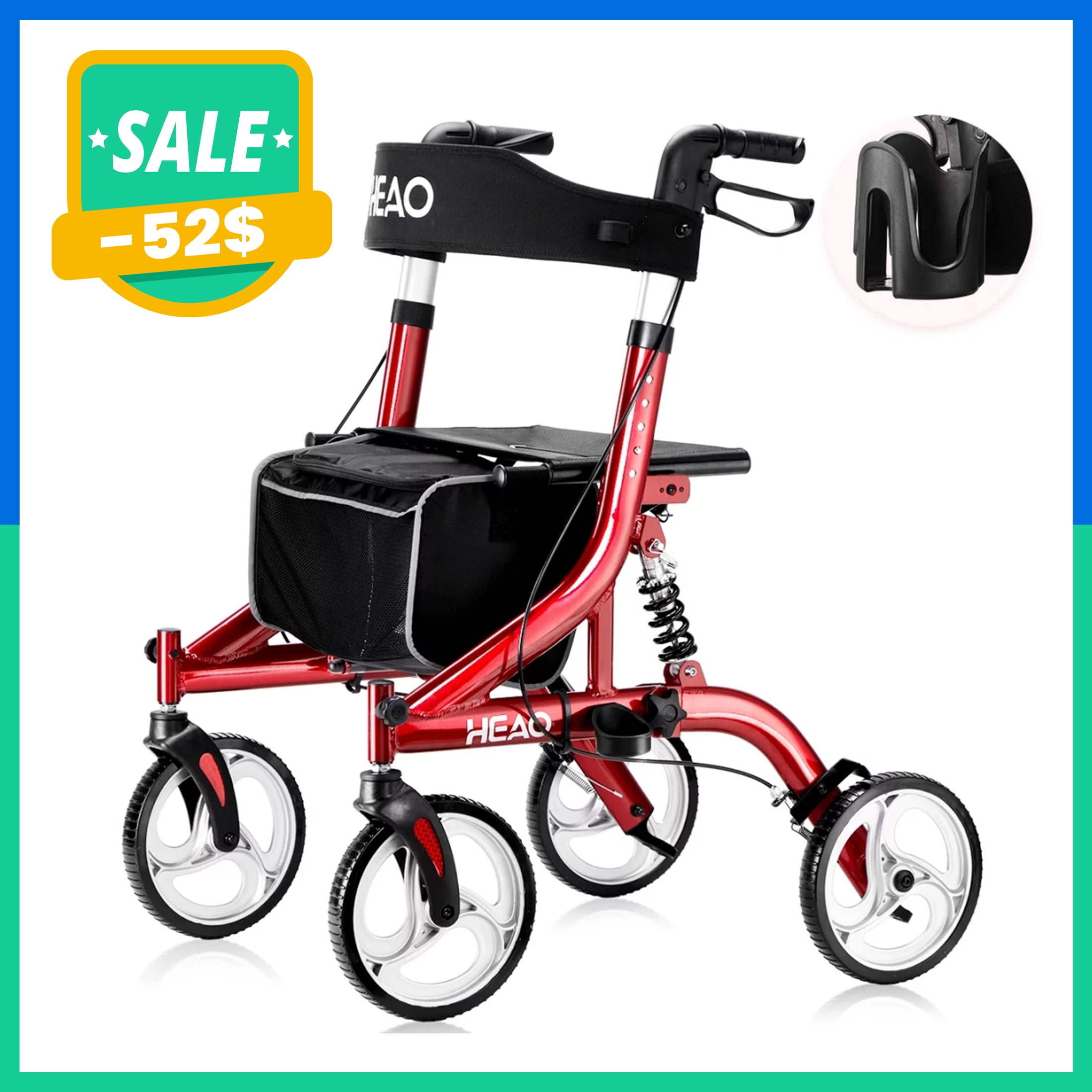 HEAO Rollator Walker with Seat for Seniors,4 x 10" Wheels Walker with