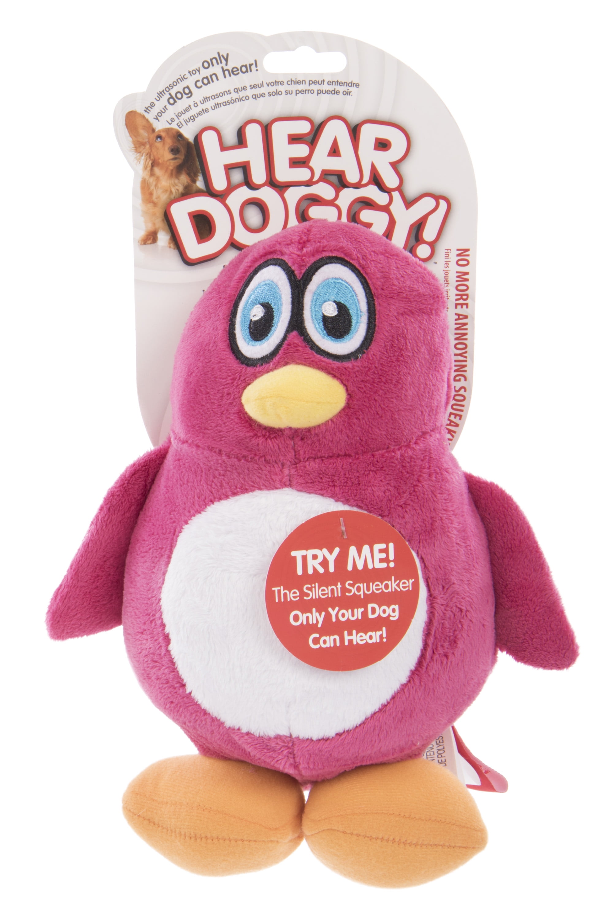 HEAR DOGGY!® Penguin with Silent Squeak Technology™Plush Dog Toy, Pink,  Large 