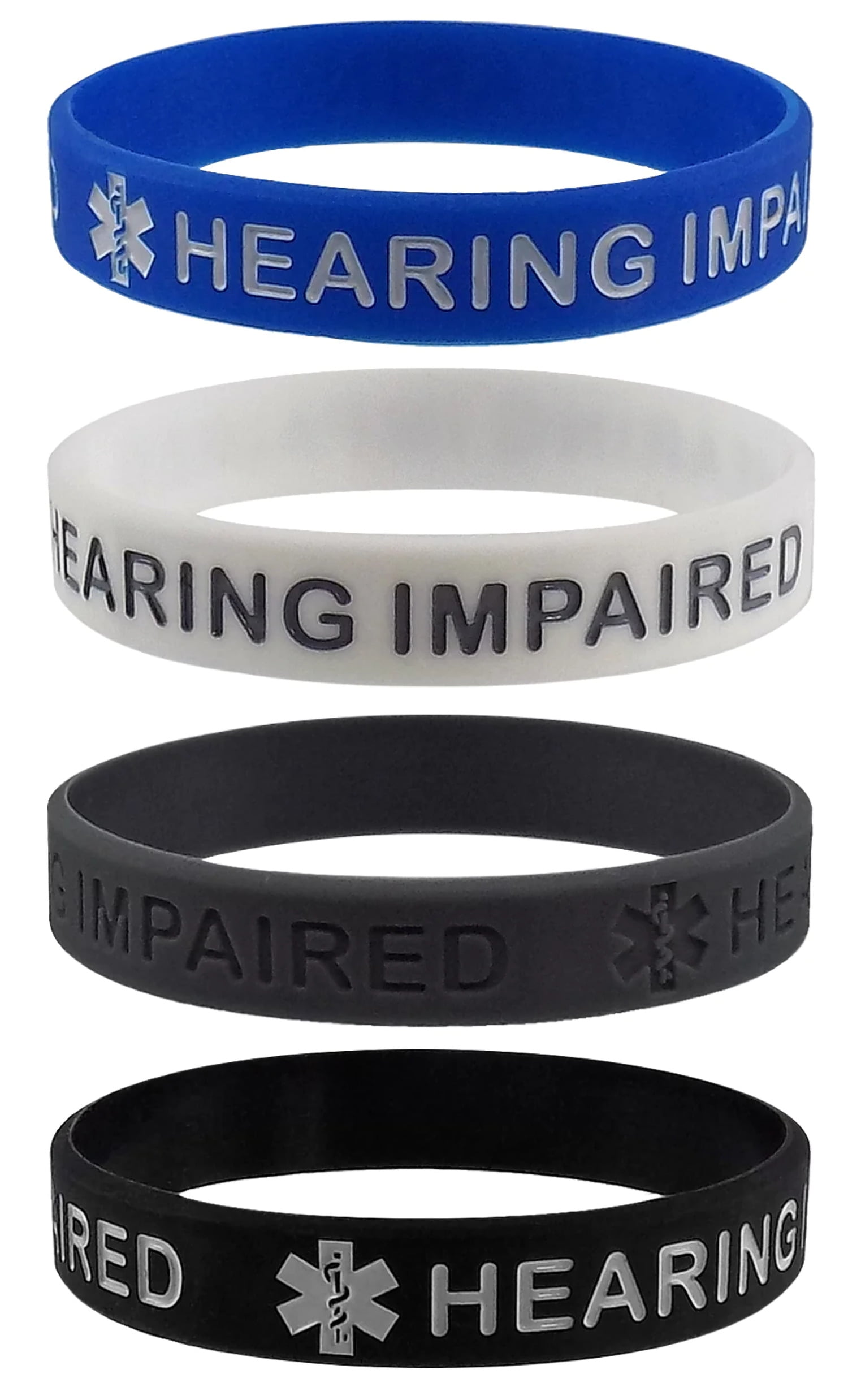 HEARING IMPAIRED Medical Alert ID Silicone Bracelet Wristbands 4 Pack