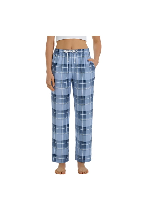 Women's Pajama Pants, Soft Long Casual Pajama Lounge Bottoms, Knit Sleep Pants with Pockets(LIGHT BLUE PLAID, L)