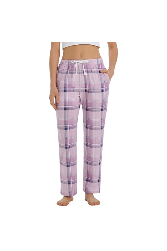Women's Pajama Pants, Soft Long Casual Pajama Lounge Bottoms, Knit Sleep Pants with Pockets(PINK PURPLE PLAID, L)