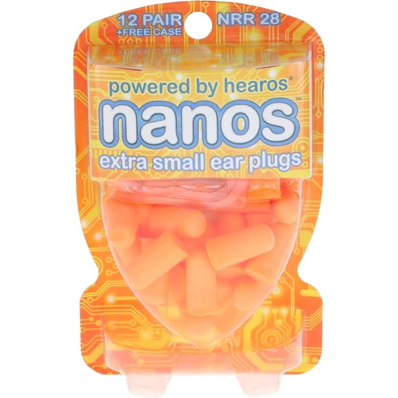 HEAROS Nanos Ear Plugs, Extra Small Foam Ear Plugs for Kids with Case, NRR 28, Orange, 12 pairs
