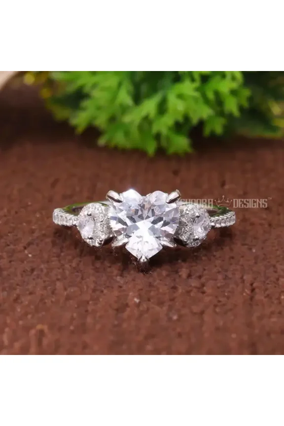HEART SHAPE LAB GROWN DIAMOND RING, THREE STONE ENGAGEMENT RING, IGI CERTIFIED F/VS LAB DIAMOND