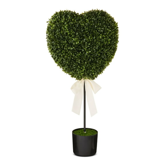 Boxwood Heart with Bow Topiary, Green and White, 32", Valentine's Day by My Texas House