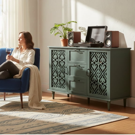 HEARTHORA 2-Door 3-Drawer Cabinet, Dark Green Carved Wood Storage Sideboard