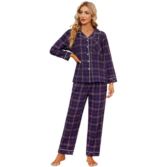 HEARTNICE 100% Cotton Pajama Set for Women, Button Down Plaid Sleepwear Long Sleeve Flannel Pajamas Set,(Navy Brown Plaid,S)