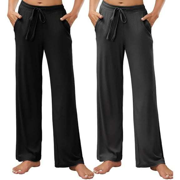 HEARTNICE 2 Pack Women's Pajamas Pants, with Pockets Pj Bottoms Lounge Stretch Yoga Sweatpants,(Black+Dark Grey Mel,L)