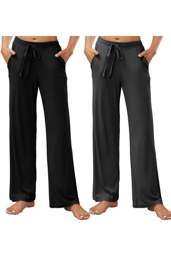 2 Pack Women's Pajamas Pants, with Pockets Pj Bottoms Lounge Stretch Yoga Sweatpants,(Black+Dark Grey Mel,L)