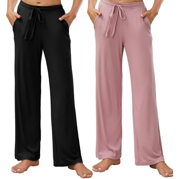 HEARTNICE 2 Pack Women's Pajamas Pants, with Pockets Pj Bottoms Lounge Stretch Yoga Sweatpants,(Black+Dark Pink,2XL)