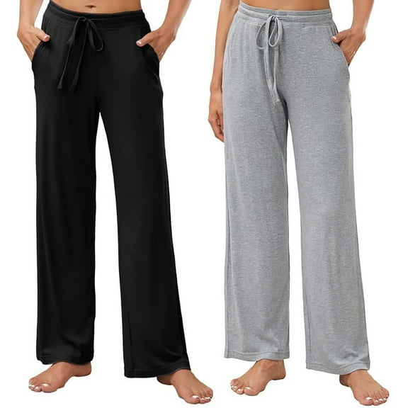 HEARTNICE 2 Pack Women's Pajamas Pants, with Pockets Pj Bottoms Lounge Stretch Yoga Sweatpants,(Black+ Light Grey Mel,2XL)