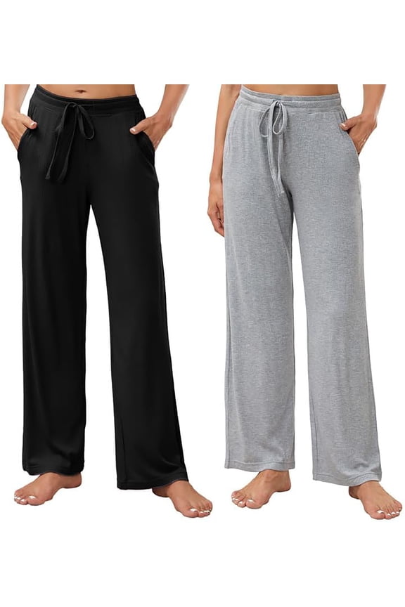 2 Pack Women's Pajamas Pants, with Pockets Pj Bottoms Lounge Stretch Yoga Sweatpants,(Black+ Light Grey Mel,2XL)