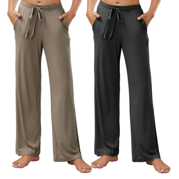 HEARTNICE 2 Pack Women's Pajamas Pants, with Pockets Pj Bottoms Lounge Stretch Yoga Sweatpants,(Dark Grey Mel.+khaki,2XL)